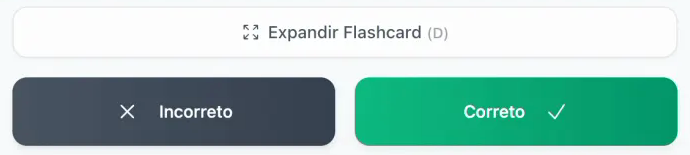 Controles de revisão do flashcard com Expandir Flashcard, Incorreto e Correto.